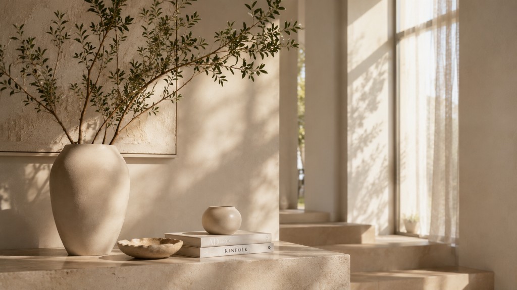 Sunlit neutral interior with a ceramic vase and leafy branches