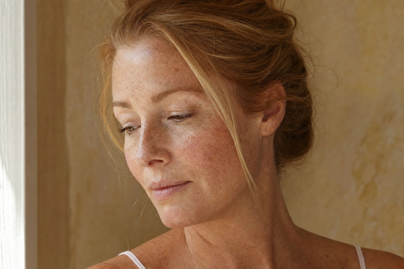Close-up profile of a fair-complexioned, freckled woman in soft window light