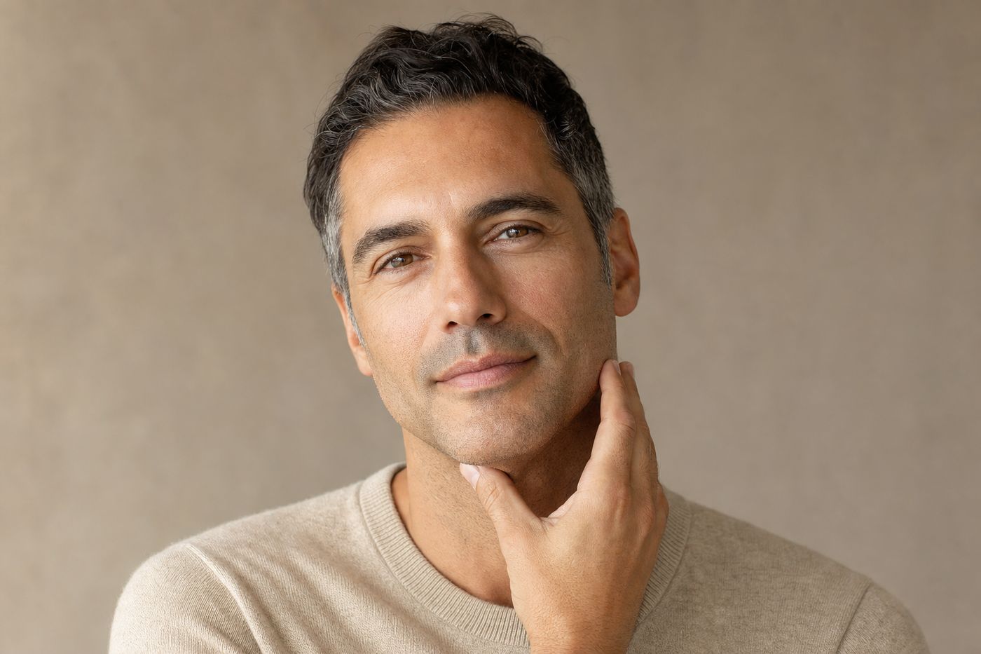 Close-up of a man resting a hand along his smooth jawline